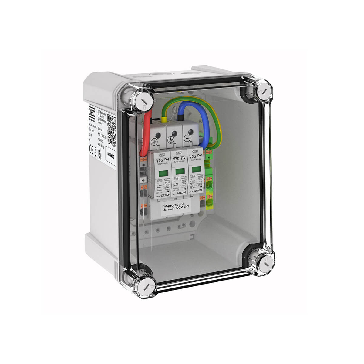 OBO Generatoranschlusskasten 5088405 Produktbild OBO Überspannungsbox DC Typ II, 1 MPP, 1 String, Klemmen
